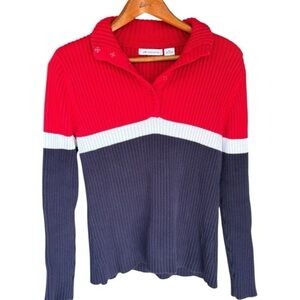 Liz Claiborne Mock Neck V Neck Sweater Red White Navy Blue Size XL Long Sleeve